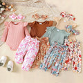 Sunken Stripe Long-sleeve Jumpsuit Flower Print Trousers Hair Band For Girls Suit
