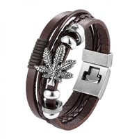 Genuine Leather Bracelet Vintage Ribbon Maple Leaf Ornament