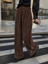 Corduroy Leopard-Print Elastic-Waist Wide-Leg Pants Versatile Soft & Relaxed High-Waist Straight-Leg Trousers