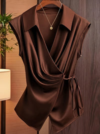 Womens Notched Collar Irregularly Tied Waist Sleeveless Shirt
