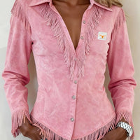 Western Cowboy-Style Suede Fringe Slim-Fit Long-Sleeve Shirt