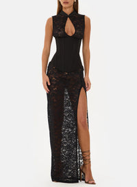 Fashionable Sexy Lace Hollow-Out Bodycon Jumpsuit Dress