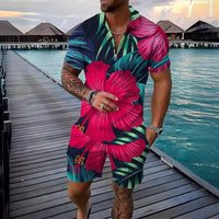 Men's Sports Casual Retro Flower T-shirt Shorts Set Zipper