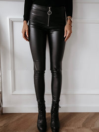 Women's Casual High Waist Zipper Pencil Leather Pants