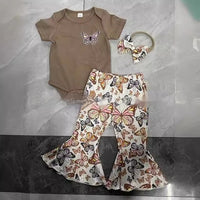 Girl Butterfly Short Sleeved Kazakhstan Bell-bottom Pants Suit Khaki