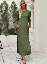 Women's Long-Sleeve Solid-Color Slit Maxi Dress