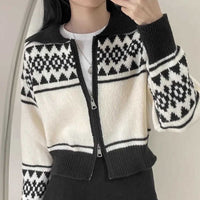 Lapel Contrast Color Jacquard Long Sleeve Zipper Sweater Coat For Women