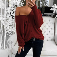 V-neck Lapsed Sleeves Loose Long-sleeved Top T-shirt For Women