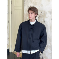 Ribbon Design Lapel Half Cardigan Drawstring Pullover Sweater