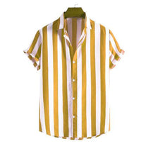 Summer European And American Men's Beach Casual Sports Yarn-dyed Striped Short-sleeved Lapel Shirt