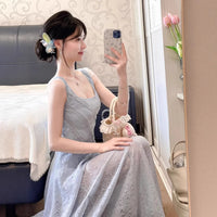 French Style Elegant Blue Lace Slip Dress For Women