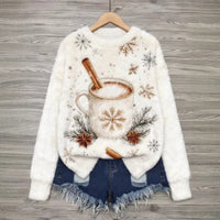 Womens 3D DigitalPrint Flannel Crewneck Sweatshirt For FallWinter