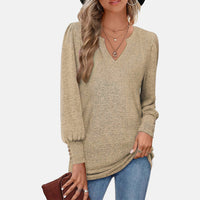 Women's Sweater Solid Color And V-neck Casual Waist Puff Sleeve Button Long Sleeve Top