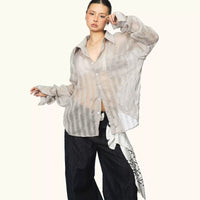 Women's Pleated Micro-transparent Plaid Long-sleeved Shirt Summer New