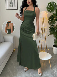 Neck-hanging Backless High-waisted Silk Slip Dress With A Slit And No Sleeves