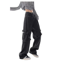 Slimming Large Pocket Design High Waist Straight Wide Leg Jeans