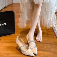 French Beautiful Wedding Shoes Rhinestone Pointed Toe Nude Color