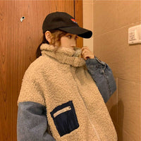 Denim-paneled lambskin coat