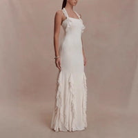 Fashionable Solid-Colored Halterneck Ruffled Sexy Backless Party Dress For Women