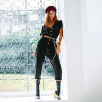 Single-breasted wild nine-point jumpsuit