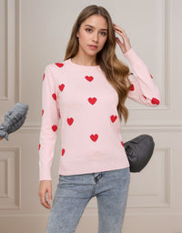 Women's Heart Jacquard Round Neck Pullover Sweater