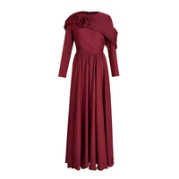 Round-neck Fitted-waist Patchwork Floral-patterned Solid Red Dress