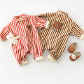 Bear Striped Lapel Thickened Long Crawl Jumpsuit