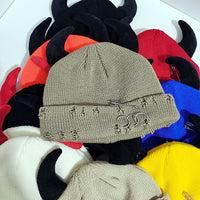 Knitted Wool Hat With Hole-decorated Gourd-shaped Devil-ear Pins