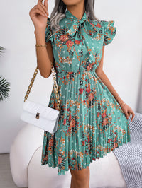 Women's Elegant Floral Print Tie Waist Flowy Pleated Skirt