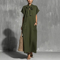 V-neck Lace-up Short-sleeve Solid-color Loose Casual Dress