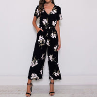 V-neck belted short sleeve jumpsuit