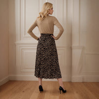 V-neck Spliced Drapey Fabric Leopard Print Long-Sleeve Dress