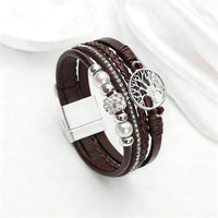 Drilled-bead Multi-layer PU Leather Braided Magnetic-clasp Bracelet