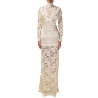 High-neck Lace-panelled Long-sleeve Waist-cinching Sheath Dress