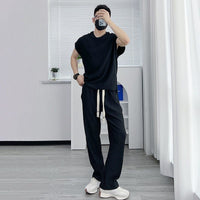 Men's Solid Color Casual High Sense Ice Silk Casual Pants Short Sleeve Suit