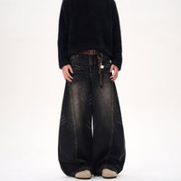 Retro Washed Cat Beard Design Black Machete Jeans