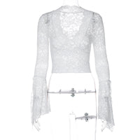 Sexy Deep V Slim Fit Midriff-baring Lace Long-sleeved Lace Top