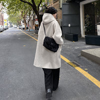 High-grade Woolen Horn Button Hooded Coat Mid-length