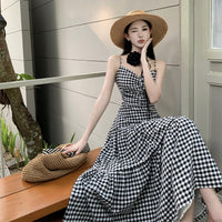 Neck-hanging Strap Summer Blue Plaid Seaside Vacation Beach Maxi Dress
