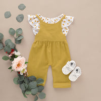 Girls' Floral Sleeveless Top Solid Color Suspenders Two-piece Suit