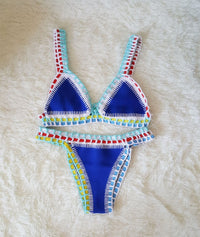 Europe And The United States Sexy Hand Crochet Colorful Bikini Set, Spell Color Rubber, Ladies Knitted Swimwear Wholesale