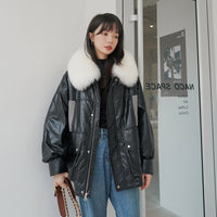 Loose Little Black Pie Overcoming Plaid Stitching Leather Coat And Cotton Jacket