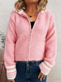 Simple Contrast Color Large Lapel Zipper Knitted Cardigan Loose Casual Sweater