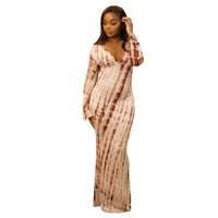 Womens Color-Block Loose-Fit Hip-Hugging Skirt-Style Casual V-Neck Long-Sleeve Dress For Home Wear