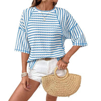 Casual Loose-fit Striped Crewneck Color-block Short-sleeve T-shirt