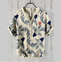 Retro Personalized Printed Casual Short-sleeved Linen Shirt Men's Loose Comfortable Shirt