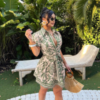 Bohemian Style Single-Breasted Front-Lace-Up Short-Sleeve A-Line Skirt