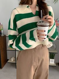 Lapel Loose Multicolor Women's Short Sweater