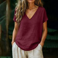 Women's Cotton-Linen Short-Sleeve V-Neck Pullover Top