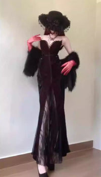 Christmas Cosplay Costume French Hepburn-Style Black Velvet Sparkly Dress Sexy Yoke Neck Fishtail Skirt